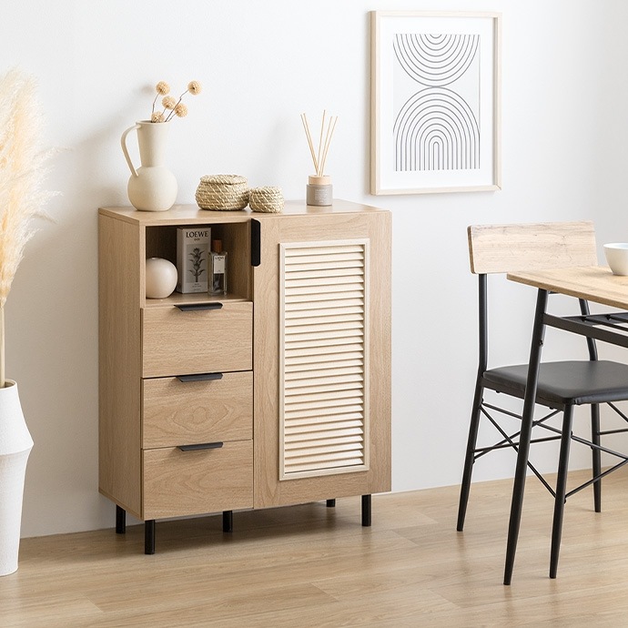 リビング収納キャビネット 幅70cm 通気性 ルーター収納 スライド引き出しレール