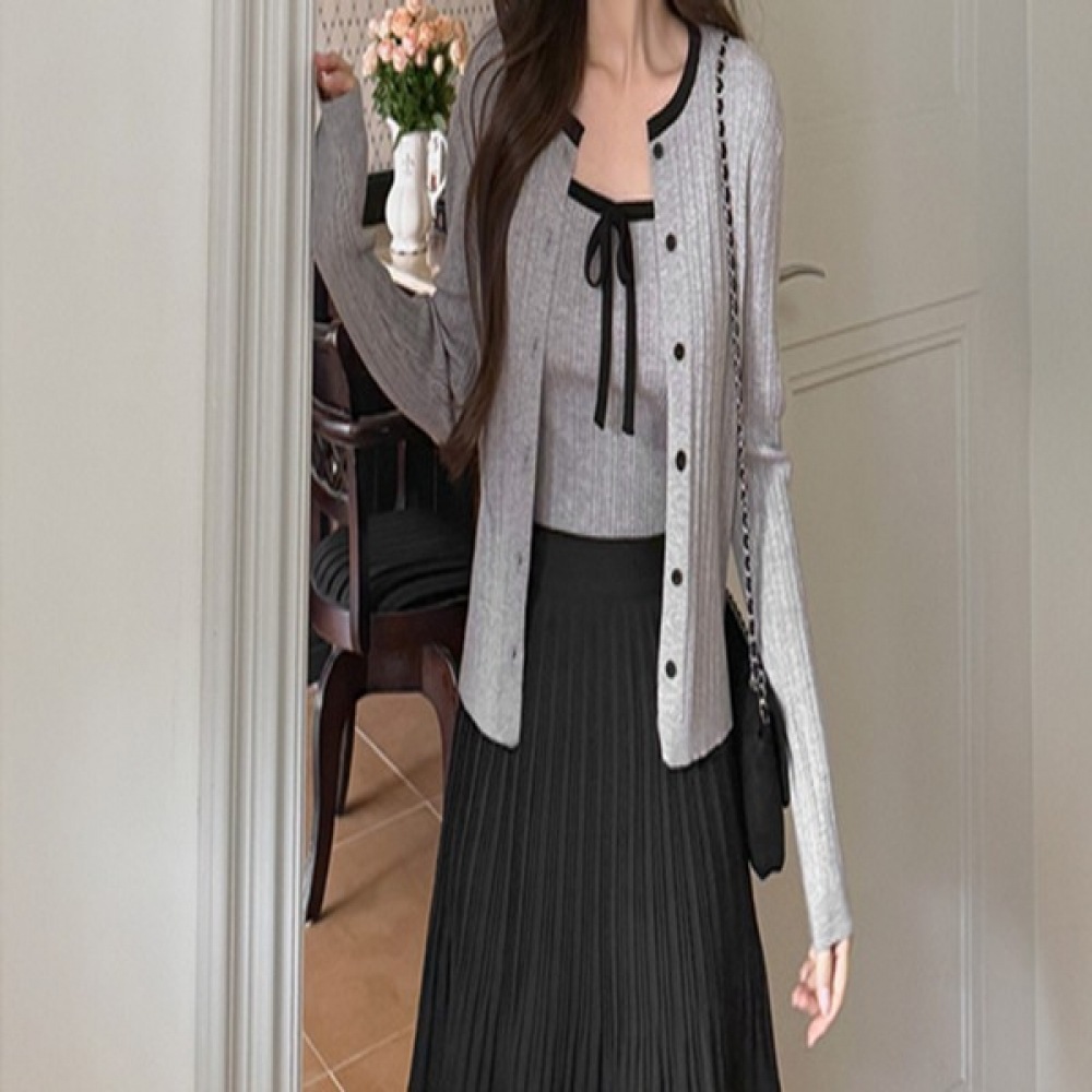 [EVELET BY JSTYLE] イーブレットダブルリブリボンカラーニットカーディガンセット J-STYLE