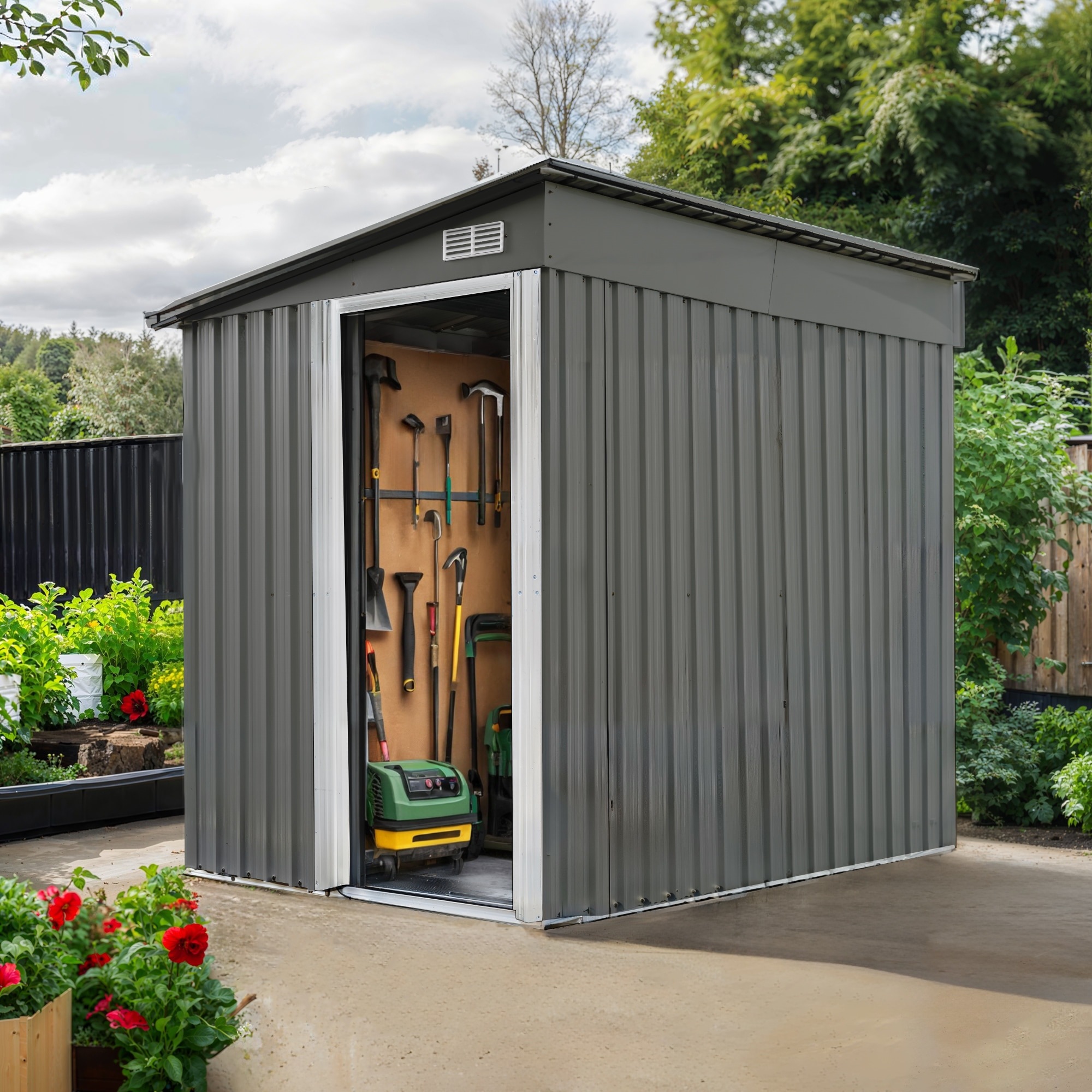 1862【可動棚付き】物置 屋外 スチール 倉庫 戸外収納庫 幅153*奥行き206*高181 可動棚付き 物置き おしゃれ 大型 収納庫 屋外物置 防さび ベランダ 防水 ドア 引戸 スチール物置
