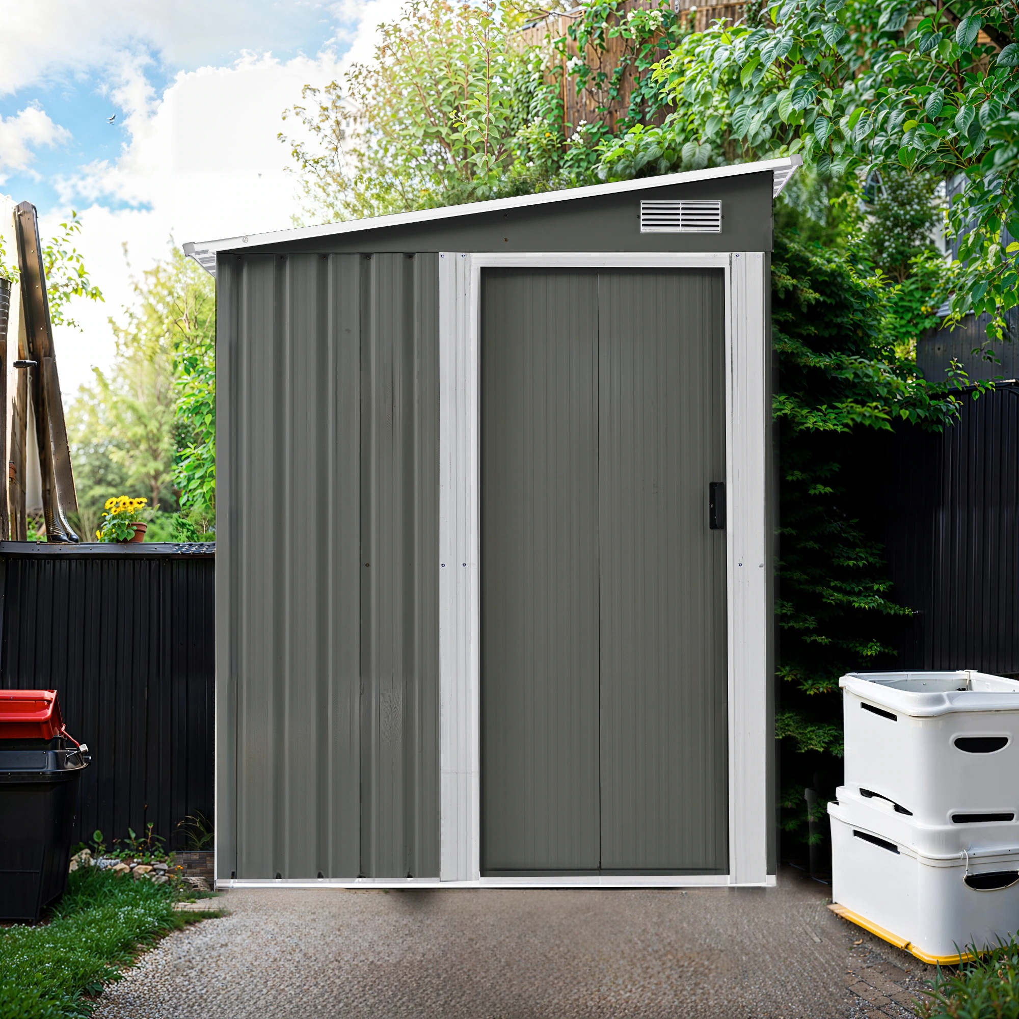 1862【可動棚付き】物置 屋外 スチール 倉庫 戸外収納庫 幅153*奥行き206*高181 可動棚付き 物置き おしゃれ 大型 収納庫 屋外物置 防さび ベランダ 防水 ドア 引戸 スチール物置