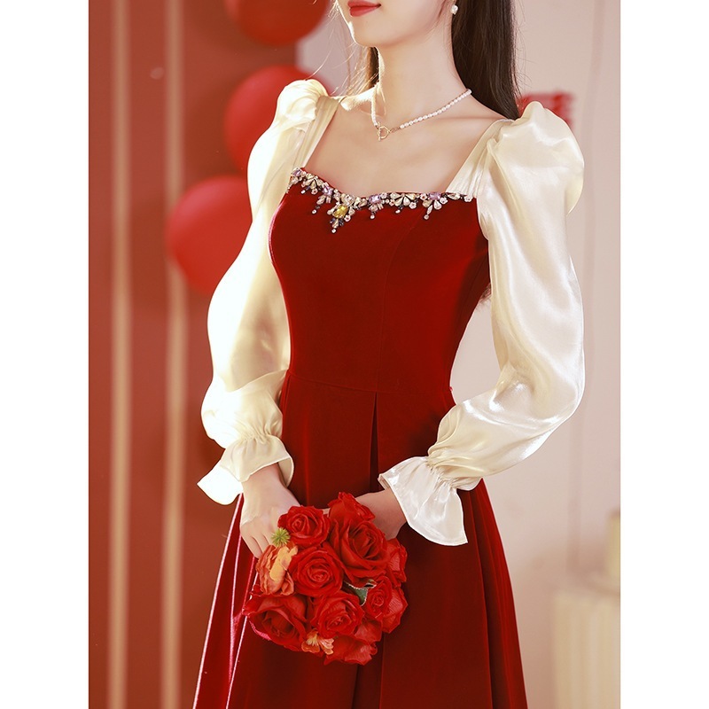 トーストドレス 2024年花嫁 ワインレッドドレス 普段でも着用可能 ガーゼ袖 婚約ドレス ウェディングドレス トーストドレス 2024年花嫁 ワインレッドドレス 普段でも着用可能 ガーゼ袖 婚約ドレス ウェディングドレス