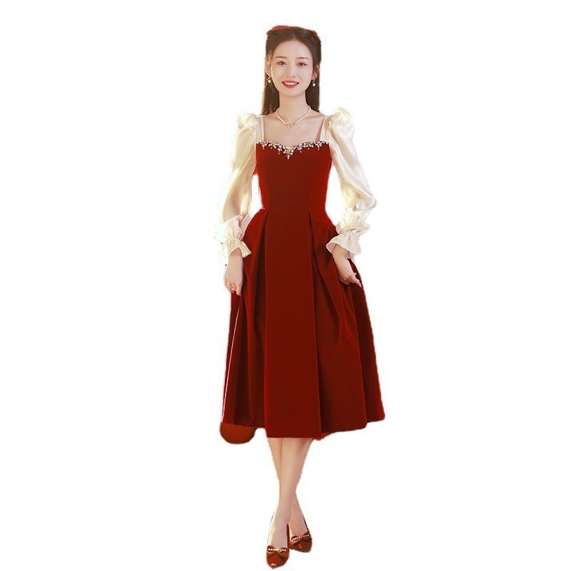 トーストドレス 2024年花嫁 ワインレッドドレス 普段でも着用可能 ガーゼ袖 婚約ドレス ウェディングドレス トーストドレス 2024年花嫁 ワインレッドドレス 普段でも着用可能 ガーゼ袖 婚約ドレス ウェディングドレス