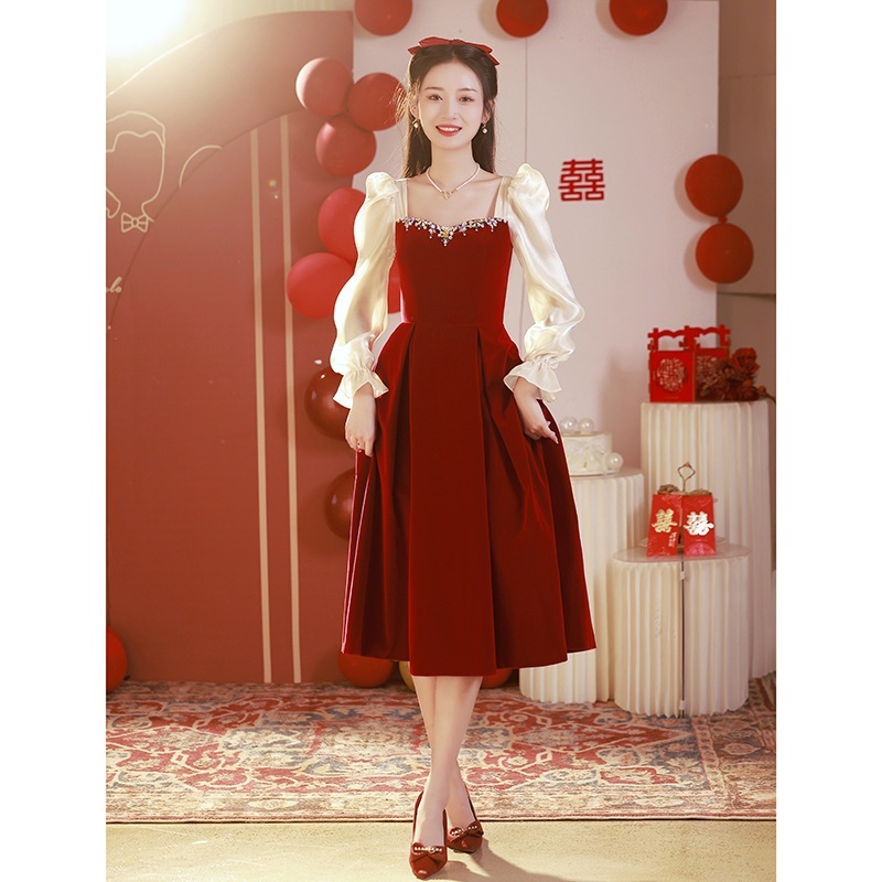 トーストドレス 2024年花嫁 ワインレッドドレス 普段でも着用可能 ガーゼ袖 婚約ドレス ウェディングドレス トーストドレス 2024年花嫁 ワインレッドドレス 普段でも着用可能 ガーゼ袖 婚約ドレス ウェディングドレス
