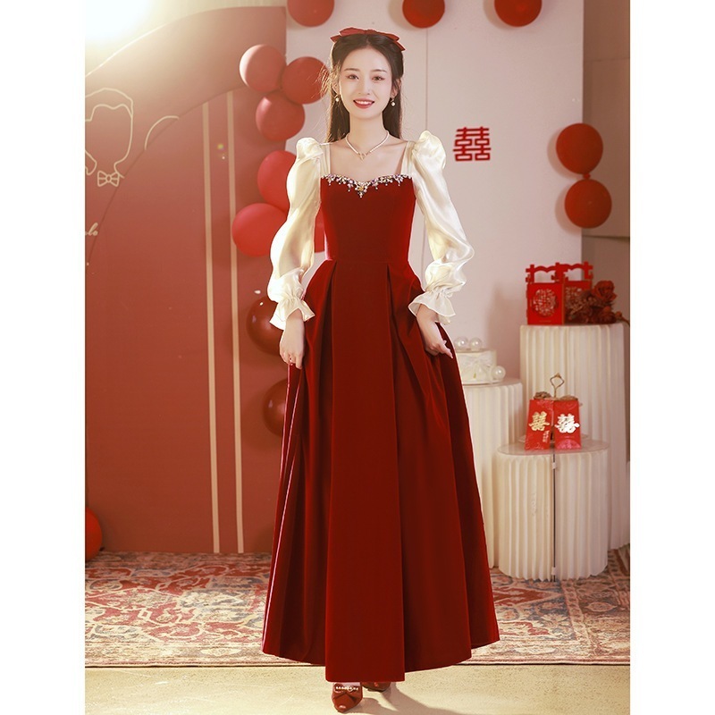 トーストドレス 2024年花嫁 ワインレッドドレス 普段でも着用可能 ガーゼ袖 婚約ドレス ウェディングドレス トーストドレス 2024年花嫁 ワインレッドドレス 普段でも着用可能 ガーゼ袖 婚約ドレス ウェディングドレス