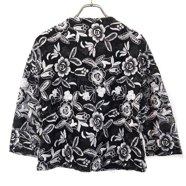 未使用 イタリア製 花柄 7分袖 ノーカラージャケット ブラック系 レディース