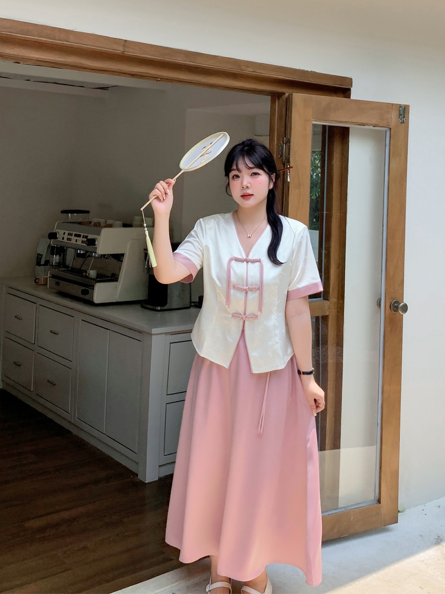 【ぽちゃまに】 夏 中華風 上下セット ブラウス+スカート チャイナ風 大きいサイズ 体型カバー レディース セットアップ メガ割 【ぽちゃまに】 夏 中華風 上下セット ブラウス+スカート チャイナ風 大きいサイズ 体型カバー レディース セットアップ メガ割