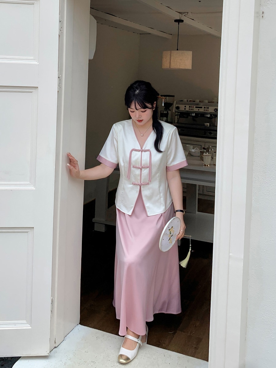 【ぽちゃまに】 夏 中華風 上下セット ブラウス+スカート チャイナ風 大きいサイズ 体型カバー レディース セットアップ メガ割 【ぽちゃまに】 夏 中華風 上下セット ブラウス+スカート チャイナ風 大きいサイズ 体型カバー レディース セットアップ メガ割