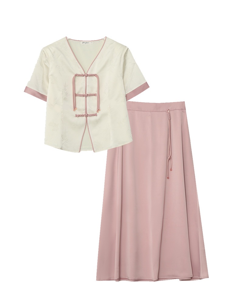 【ぽちゃまに】 夏 中華風 上下セット ブラウス+スカート チャイナ風 大きいサイズ 体型カバー レディース セットアップ メガ割 【ぽちゃまに】 夏 中華風 上下セット ブラウス+スカート チャイナ風 大きいサイズ 体型カバー レディース セットアップ メガ割