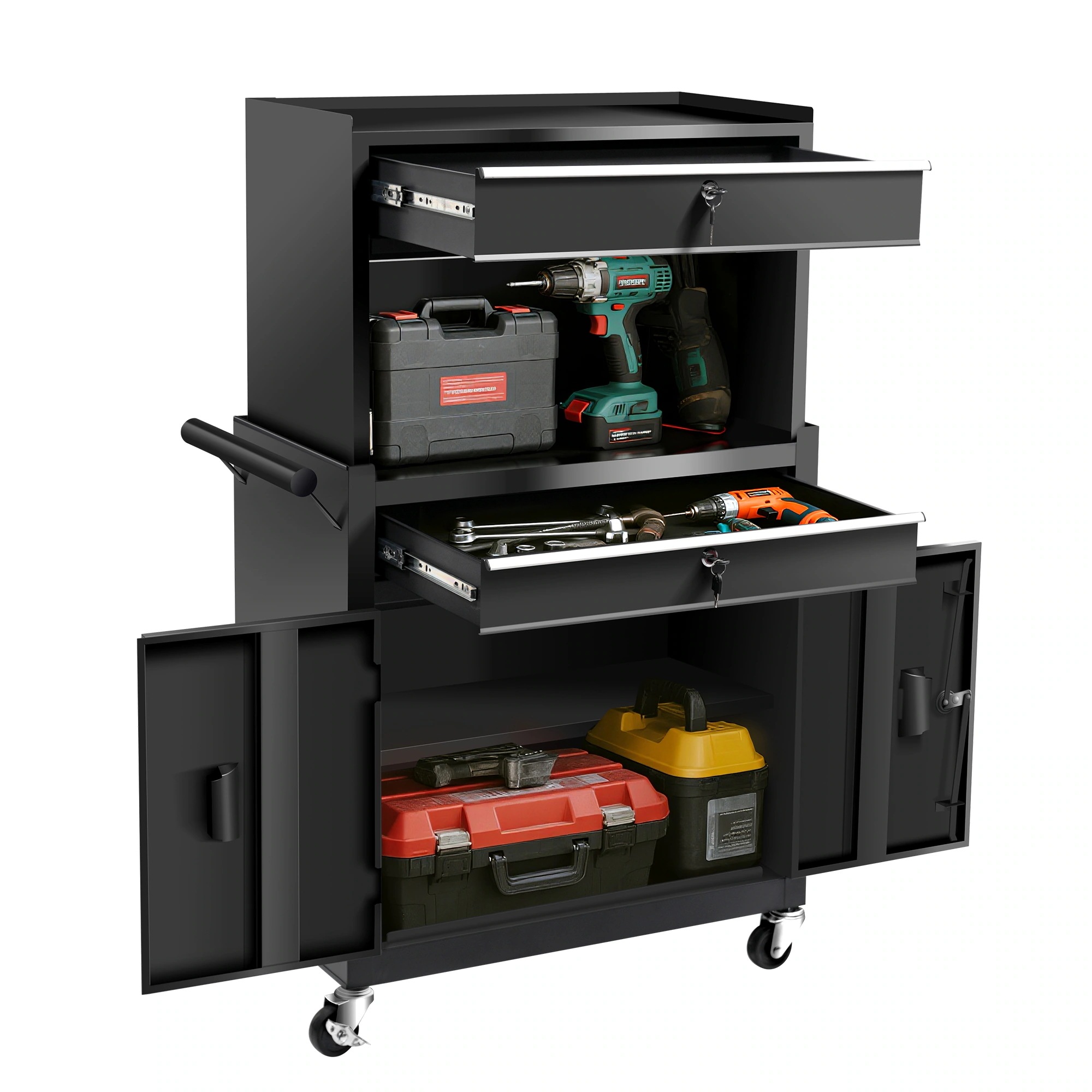 2050ツールキャビネット 多機能 ツールワゴン ツールカート工具カート ロールキャビネット スチール ローラーキャビネット ハンドル W76×D37×H117cm DIY 引き出し 有孔ボード付き