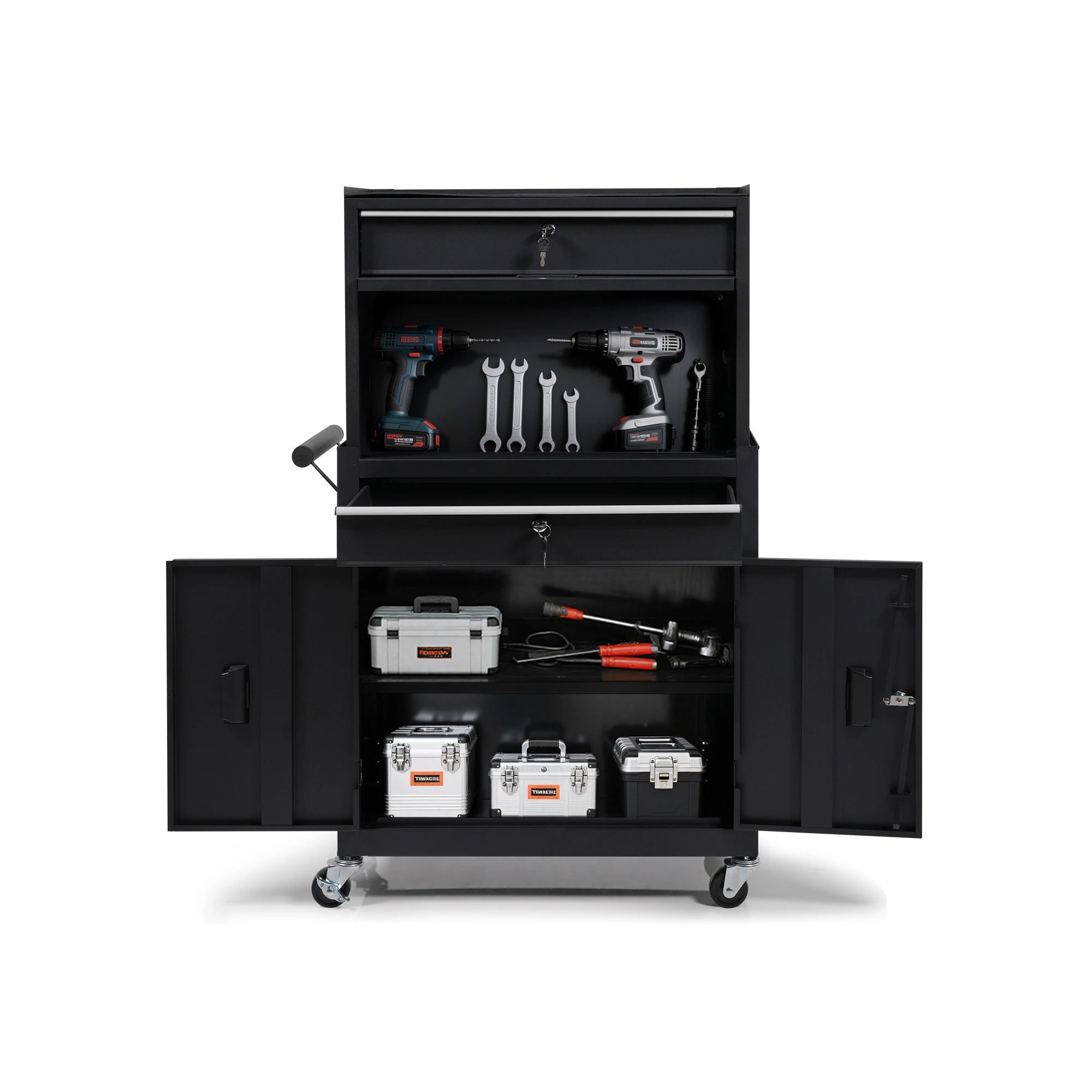 2050ツールキャビネット 多機能 ツールワゴン ツールカート工具カート ロールキャビネット スチール ローラーキャビネット ハンドル W76×D37×H117cm DIY 引き出し 有孔ボード付き