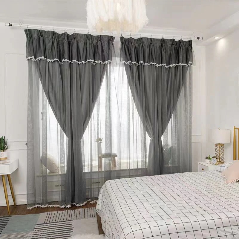 韓国ファッション カーテンセット遮光カーテン+レース２枚組/ 断熱 遮光 省エネ レースカーテン UVカット防音/ 北欧風 かわいい ホームデザイン