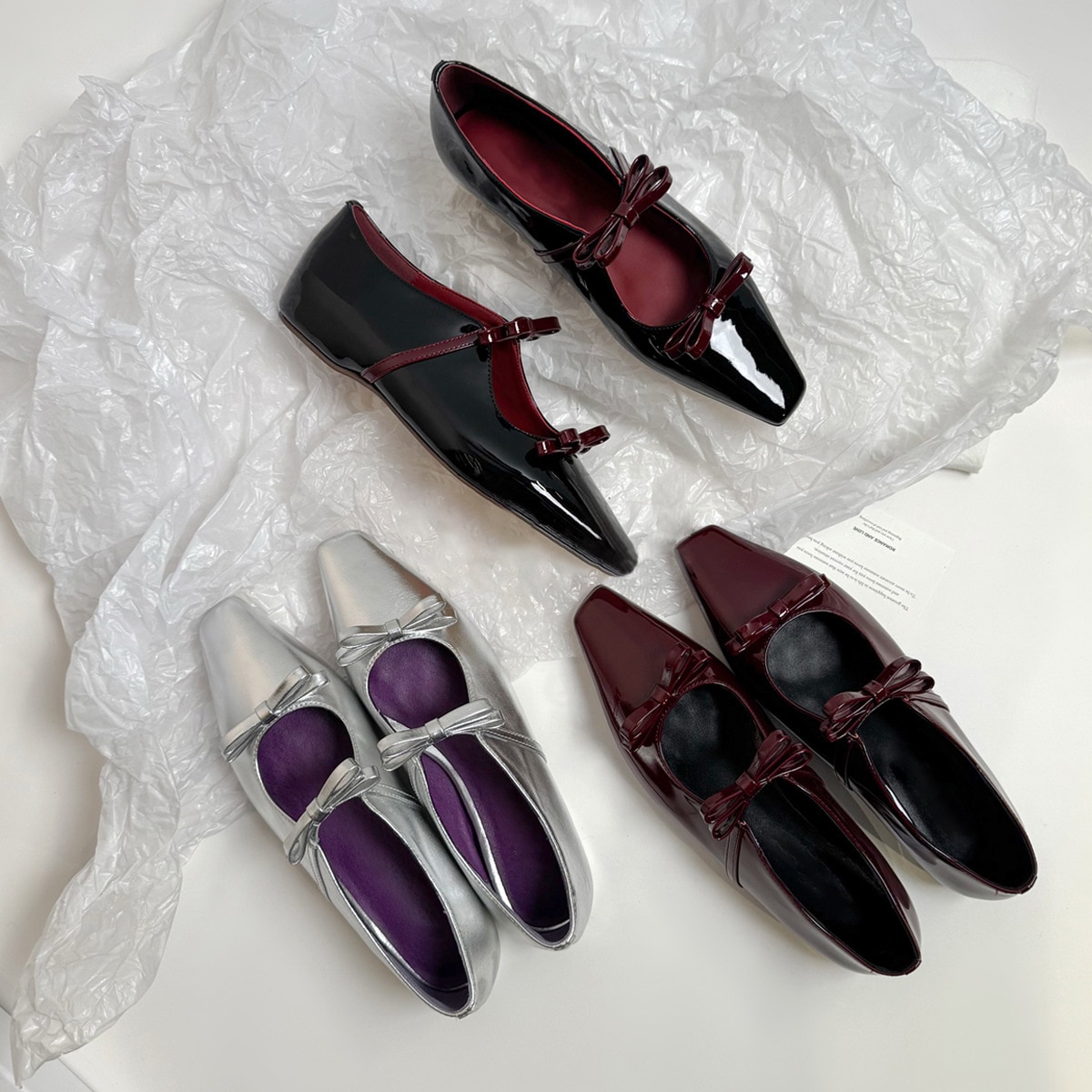 パンスキンバージョン小さな正方形の頭の弓のメアリージェーン靴の内側と浅い口の穏やかなフレンチ気質フラットシューズ