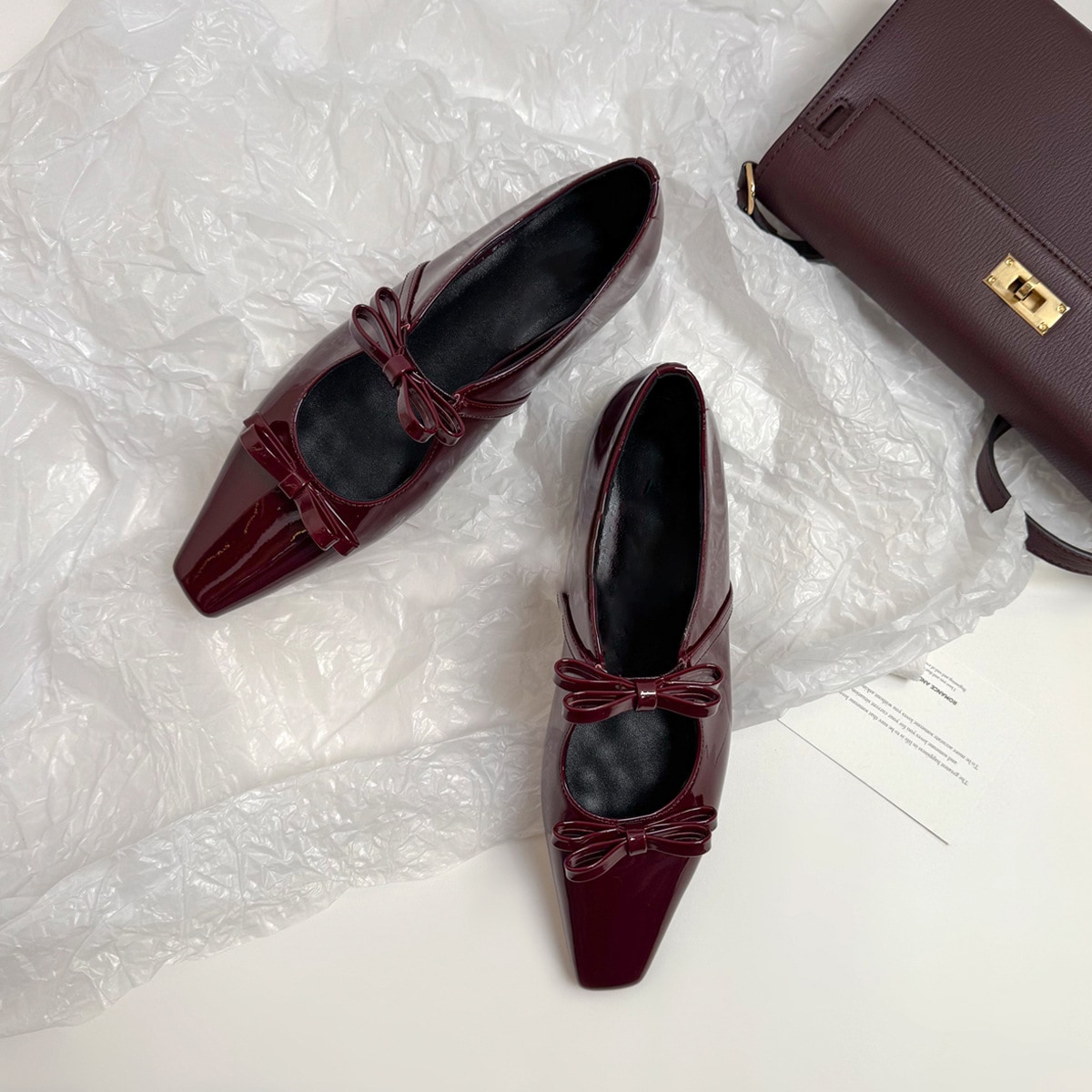 パンスキンバージョン小さな正方形の頭の弓のメアリージェーン靴の内側と浅い口の穏やかなフレンチ気質フラットシューズ