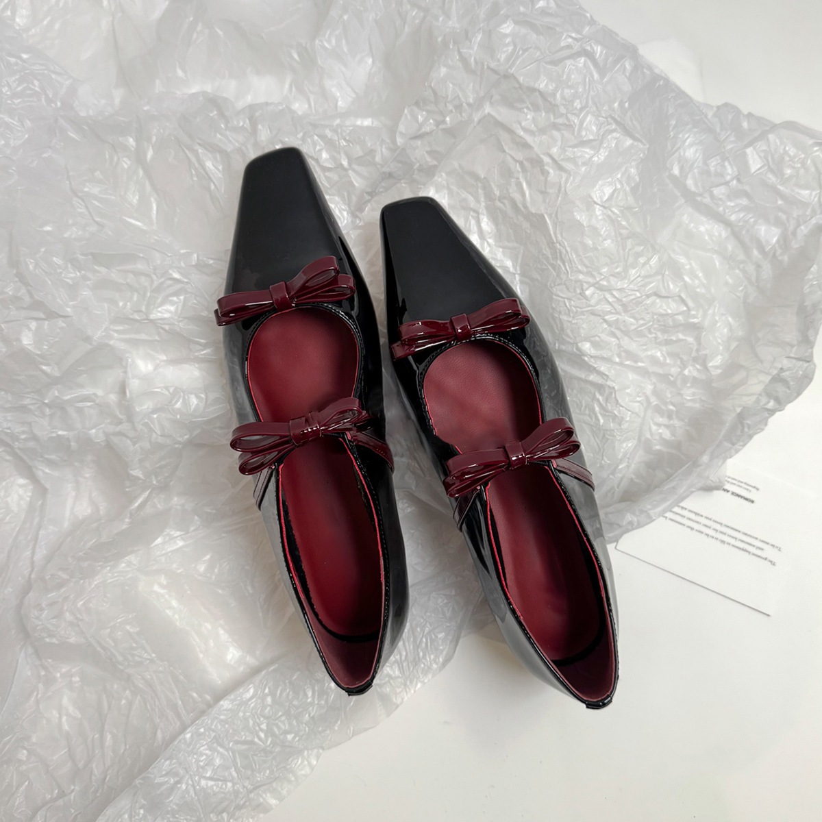 パンスキンバージョン小さな正方形の頭の弓のメアリージェーン靴の内側と浅い口の穏やかなフレンチ気質フラットシューズ