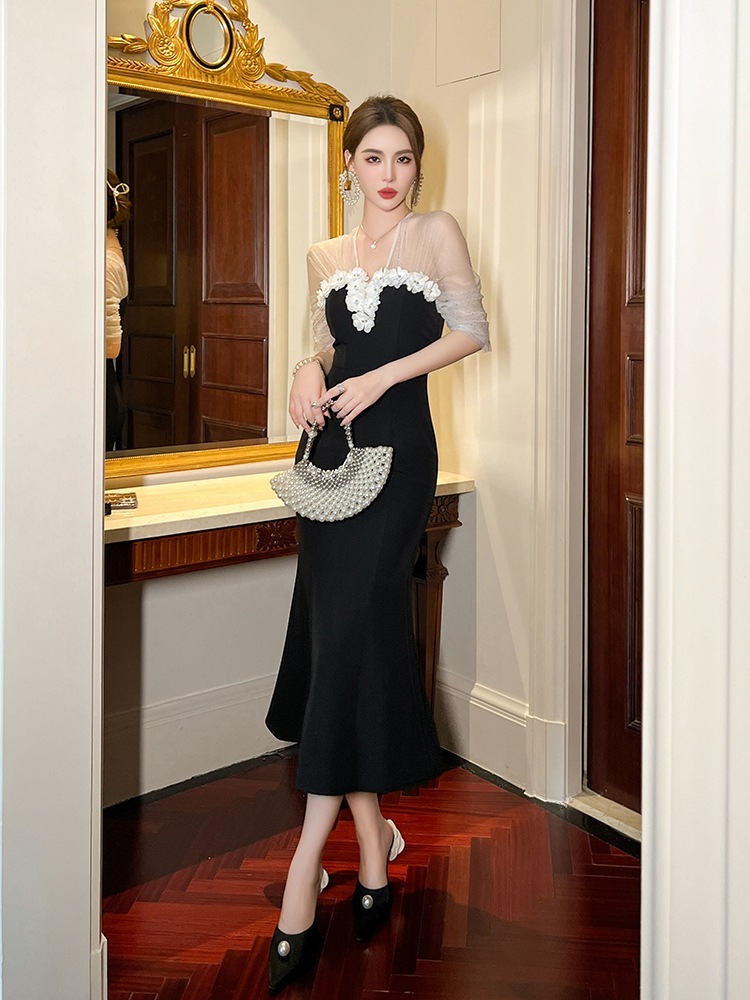 【JY.上品】 2025夏新品 チュールドッキング マーメイド 花飾り ワンピース ドレス パーティードレス大人 同窓会 披露宴 卒業式 結婚式 演奏会 ウェディング 二次会 メガ割