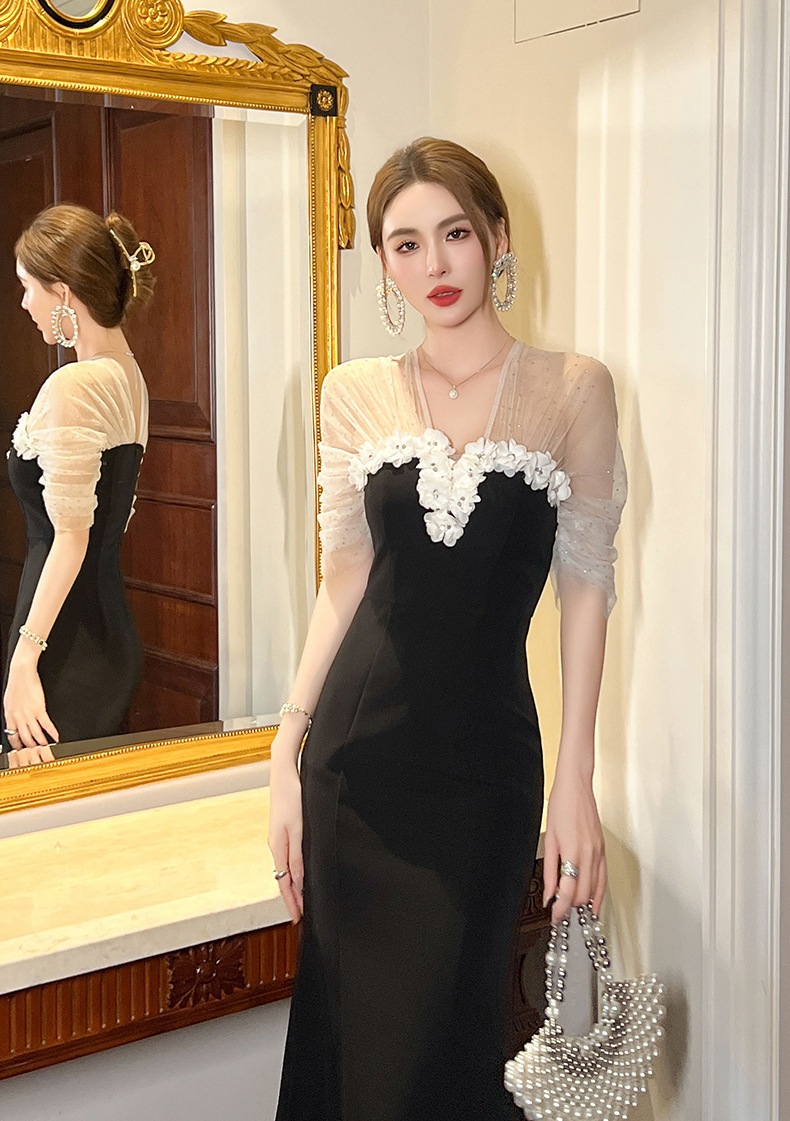 【JY.上品】 2025夏新品 チュールドッキング マーメイド 花飾り ワンピース ドレス パーティードレス大人 同窓会 披露宴 卒業式 結婚式 演奏会 ウェディング 二次会 メガ割