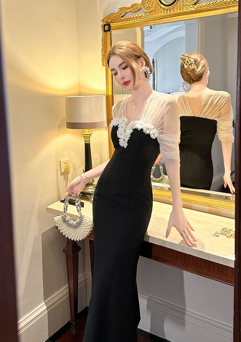 【JY.上品】 2025夏新品 チュールドッキング マーメイド 花飾り ワンピース ドレス パーティードレス大人 同窓会 披露宴 卒業式 結婚式 演奏会 ウェディング 二次会 メガ割