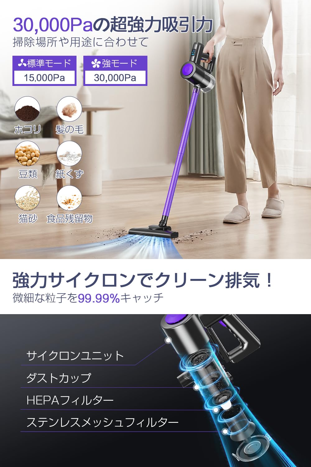 掃除機 コードレス 【2024冬新開発＆30000pa超強力吸引＆45分連続稼働】 サイクロン式 コードレス掃除機 壁掛け収納＆充電 LCDタッチディスプレイ スティッククリーナー ハンディ掃除機 T