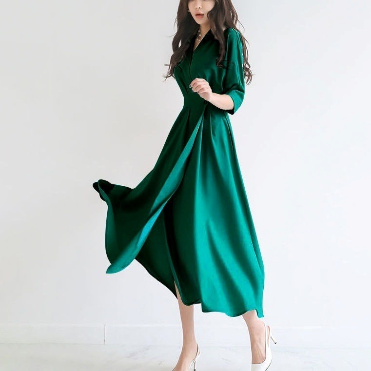 シャツワンピース ロング丈 長袖 白 カジュアル 韓国 レディース オルチャン かわいい 5分袖 Vネック ミモレ丈 Aライン 個性的 フレンチウエスト 艶感 個性的