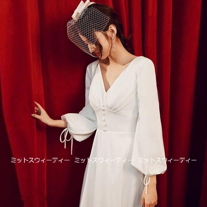 韓国ファッション披露宴 ウエディングドレス 結婚式 ロングドレス 二次会ドレス 花嫁 パーティードレス レストランウェディング ウェディングドレス 長袖 二次会 aラインドレス