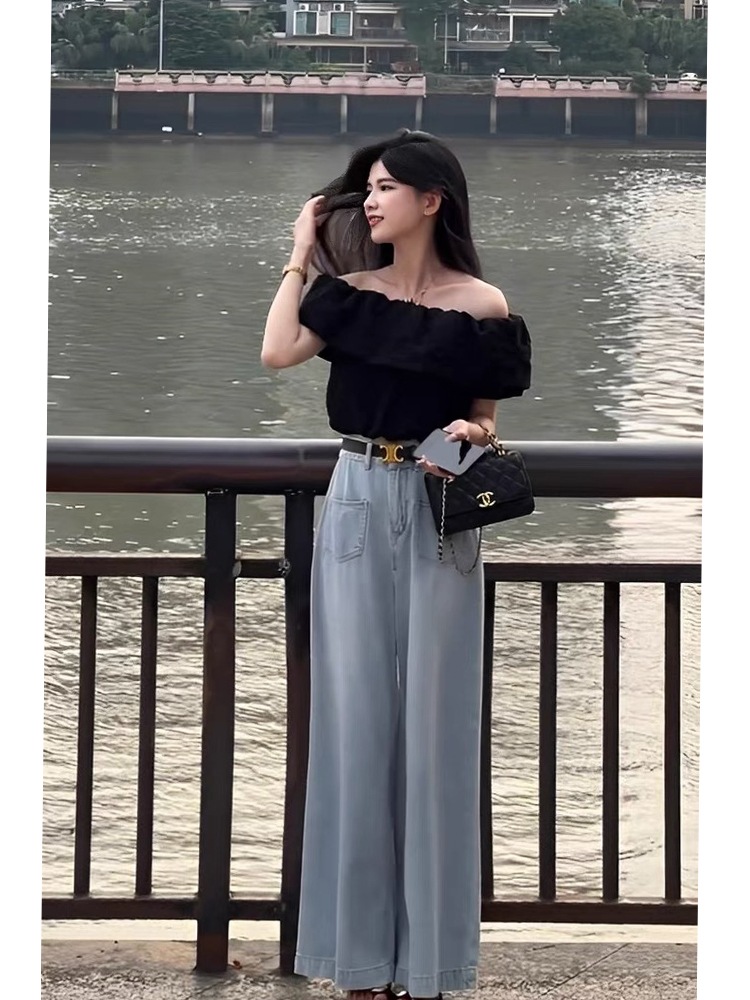 夏の服の女性の新モデルの半袖ワイドデニムのズボンのスカートの雰囲気の高級感港風の2つのスーツを着て合わせます 夏の服の女性の新モデルの半袖ワイドデニムのズボンのスカートの雰囲気の高級感港風の2つのスーツを着て合わせます