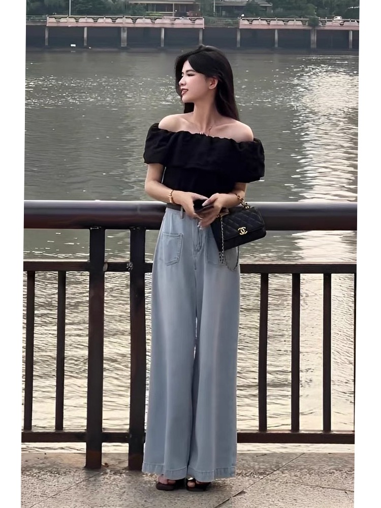 夏の服の女性の新モデルの半袖ワイドデニムのズボンのスカートの雰囲気の高級感港風の2つのスーツを着て合わせます 夏の服の女性の新モデルの半袖ワイドデニムのズボンのスカートの雰囲気の高級感港風の2つのスーツを着て合わせます
