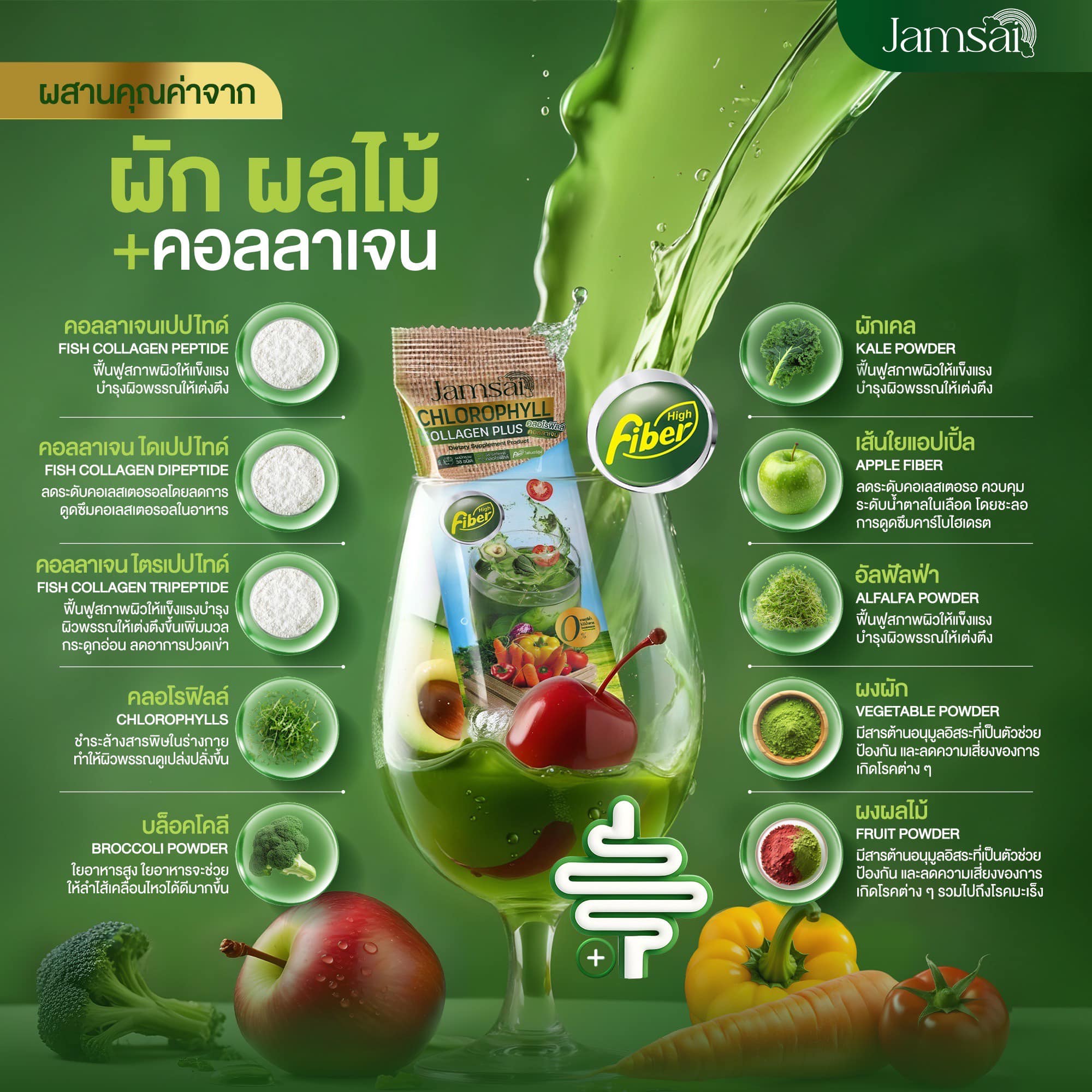 Jamsai CHOLROPHYLL COLLAGEN PLUS 10 Sachets x 3 packs 植物性