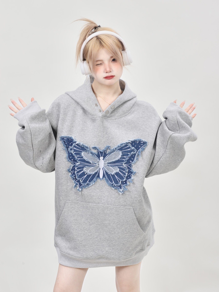 アメリカ式重ポンド小人数デザイン感刺繍蝶グレーの連帽衛衣女2024新型爆金上着春モデル アメリカ式重ポンド小人数デザイン感刺繍蝶グレーの連帽衛衣女2024新型爆金上着春モデル