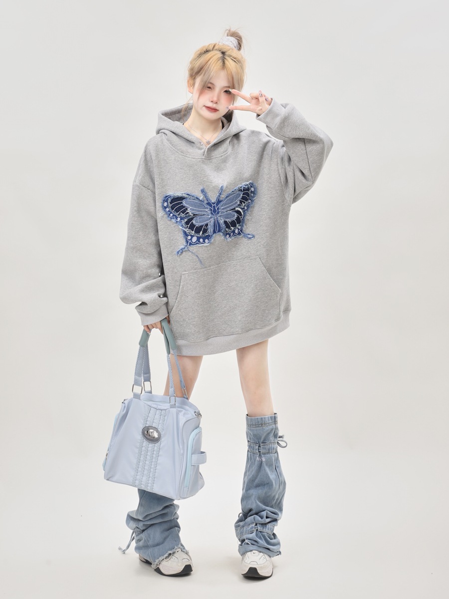 アメリカ式重ポンド小人数デザイン感刺繍蝶グレーの連帽衛衣女2024新型爆金上着春モデル アメリカ式重ポンド小人数デザイン感刺繍蝶グレーの連帽衛衣女2024新型爆金上着春モデル