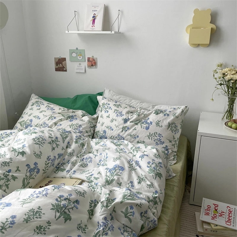 布団カバーセット プリント花柄 白 グリーン 可愛い 韓国風 綿100% 寝具カバーセット 3点セット 4点セット 花柄 ブルー コットン100% 掛け布団カバー 敷きカバー シングル セミダブル ダ