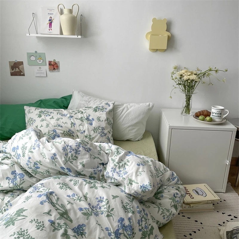 布団カバーセット プリント花柄 白 グリーン 可愛い 韓国風 綿100% 寝具カバーセット 3点セット 4点セット 花柄 ブルー コットン100% 掛け布団カバー 敷きカバー シングル セミダブル ダ