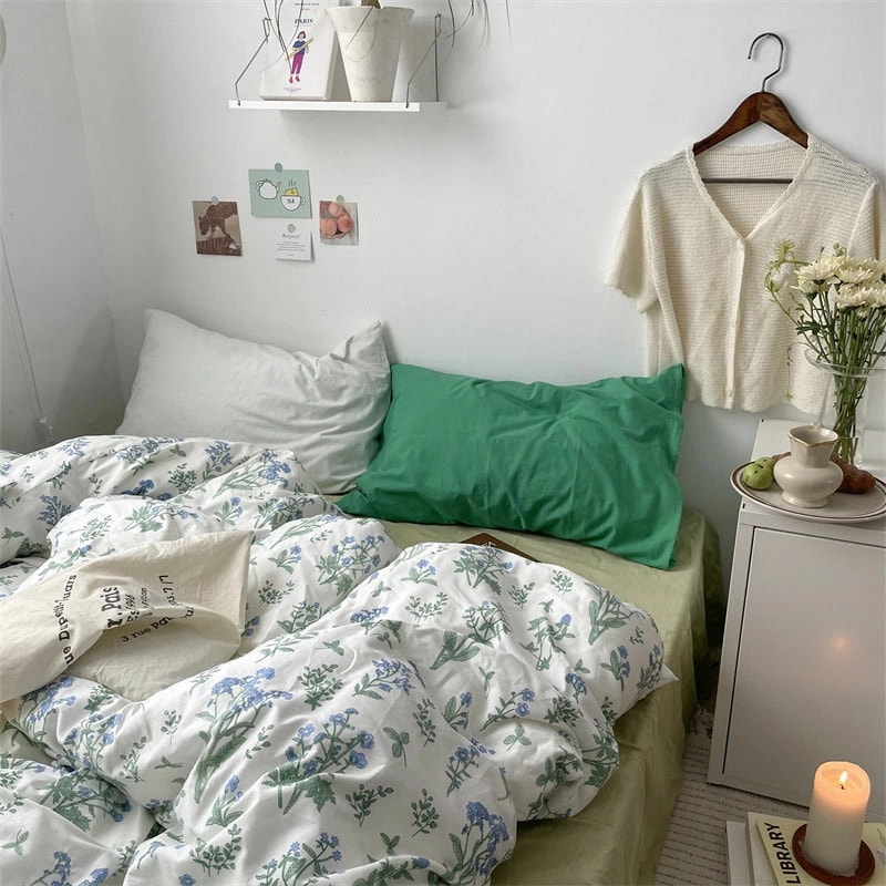 布団カバーセット プリント花柄 白 グリーン 可愛い 韓国風 綿100% 寝具カバーセット 3点セット 4点セット 花柄 ブルー コットン100% 掛け布団カバー 敷きカバー シングル セミダブル ダ