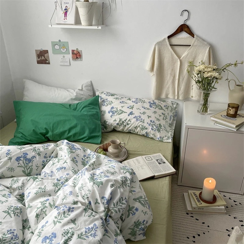 布団カバーセット プリント花柄 白 グリーン 可愛い 韓国風 綿100% 寝具カバーセット 3点セット 4点セット 花柄 ブルー コットン100% 掛け布団カバー 敷きカバー シングル セミダブル ダ