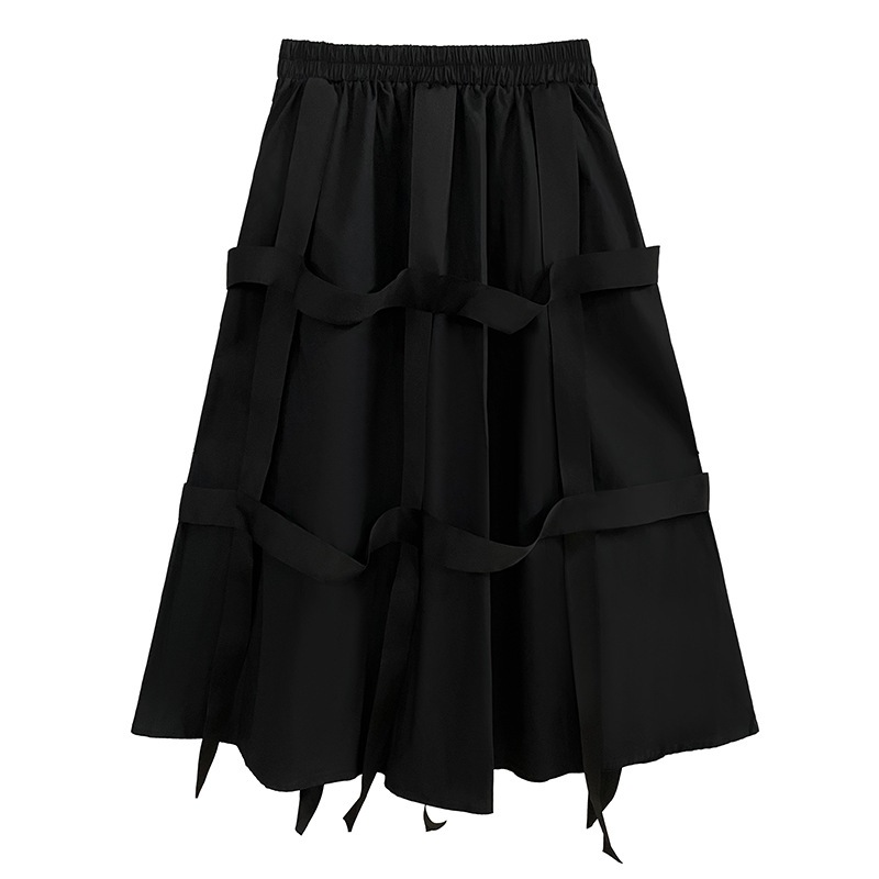 暗い風黒白ストライプ半身浴スカート2024夏新作ゴムハイウエストゆったりAラインスカート