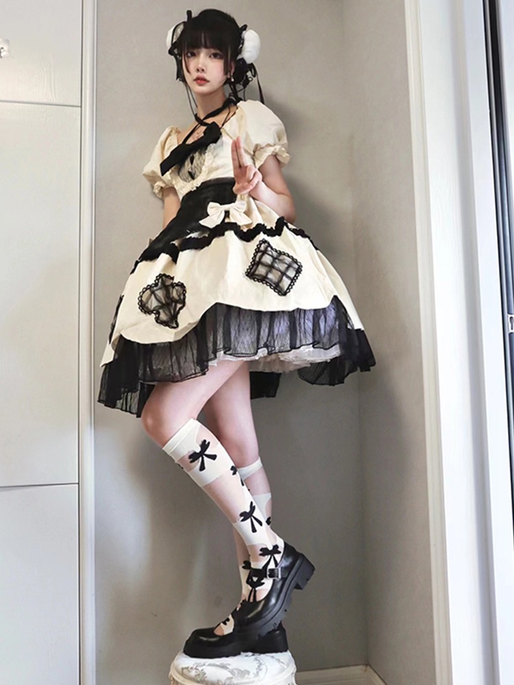 キャミソールワンピースロリータ 白雪姫甘くて可愛いロリータリボンホルターネックドレスレディース春夏ラブメッシュドレスロリータプリンセスドレス