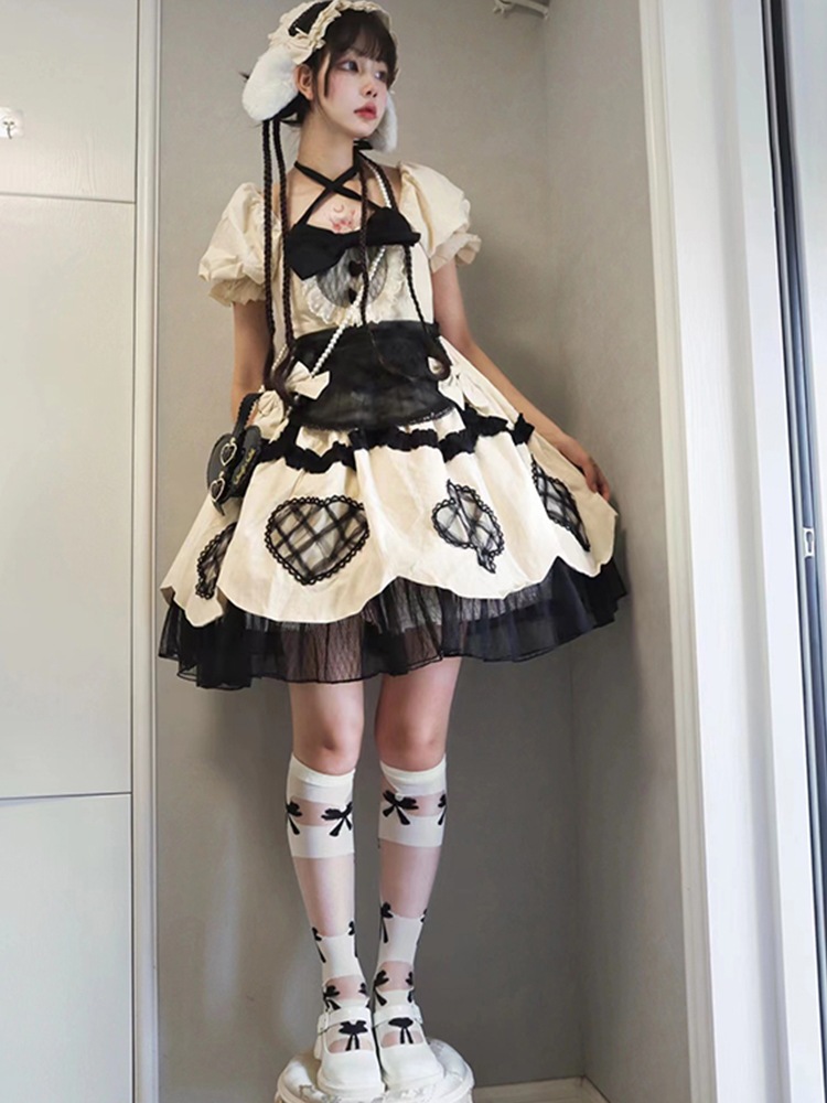 キャミソールワンピースロリータ 白雪姫甘くて可愛いロリータリボンホルターネックドレスレディース春夏ラブメッシュドレスロリータプリンセスドレス