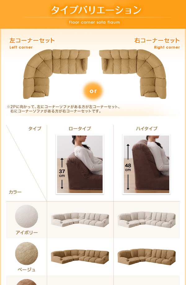 flaum 右コーナーセット ハイタイプ 1P+2P+コーナー アイボリー フロアコーナーソファ flaum フラウム - 家具専門店どあどあ(西山商店)