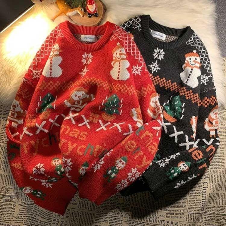 クリスマス セーター メンズ レディース ゆったり プルオーバー 冬 おしゃれ ペアルック カジュアル ニット 長袖 クルーネック 大きいサイズ トップス 可愛い 赤