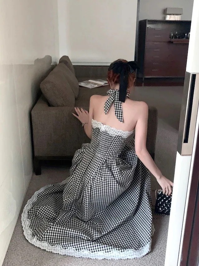 【急速出荷!】24バックリボンレース切り替えチェック柄ワンピー 【急速出荷!】24バックリボンレース切り替えチェック柄ワンピー