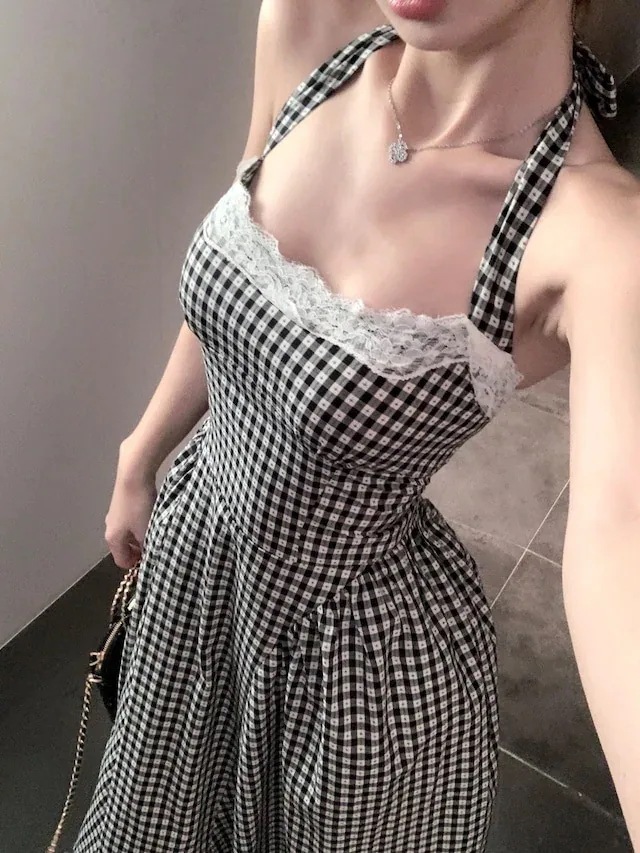 【急速出荷!】24バックリボンレース切り替えチェック柄ワンピー 【急速出荷!】24バックリボンレース切り替えチェック柄ワンピー