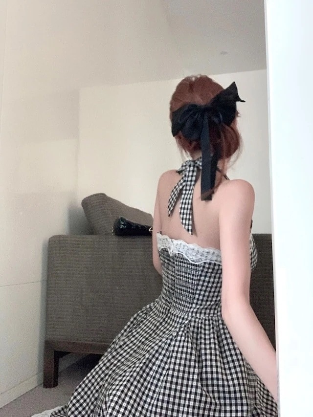 【急速出荷!】24バックリボンレース切り替えチェック柄ワンピー 【急速出荷!】24バックリボンレース切り替えチェック柄ワンピー