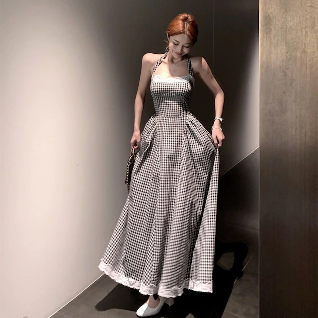 【急速出荷!】24バックリボンレース切り替えチェック柄ワンピー 【急速出荷!】24バックリボンレース切り替えチェック柄ワンピー