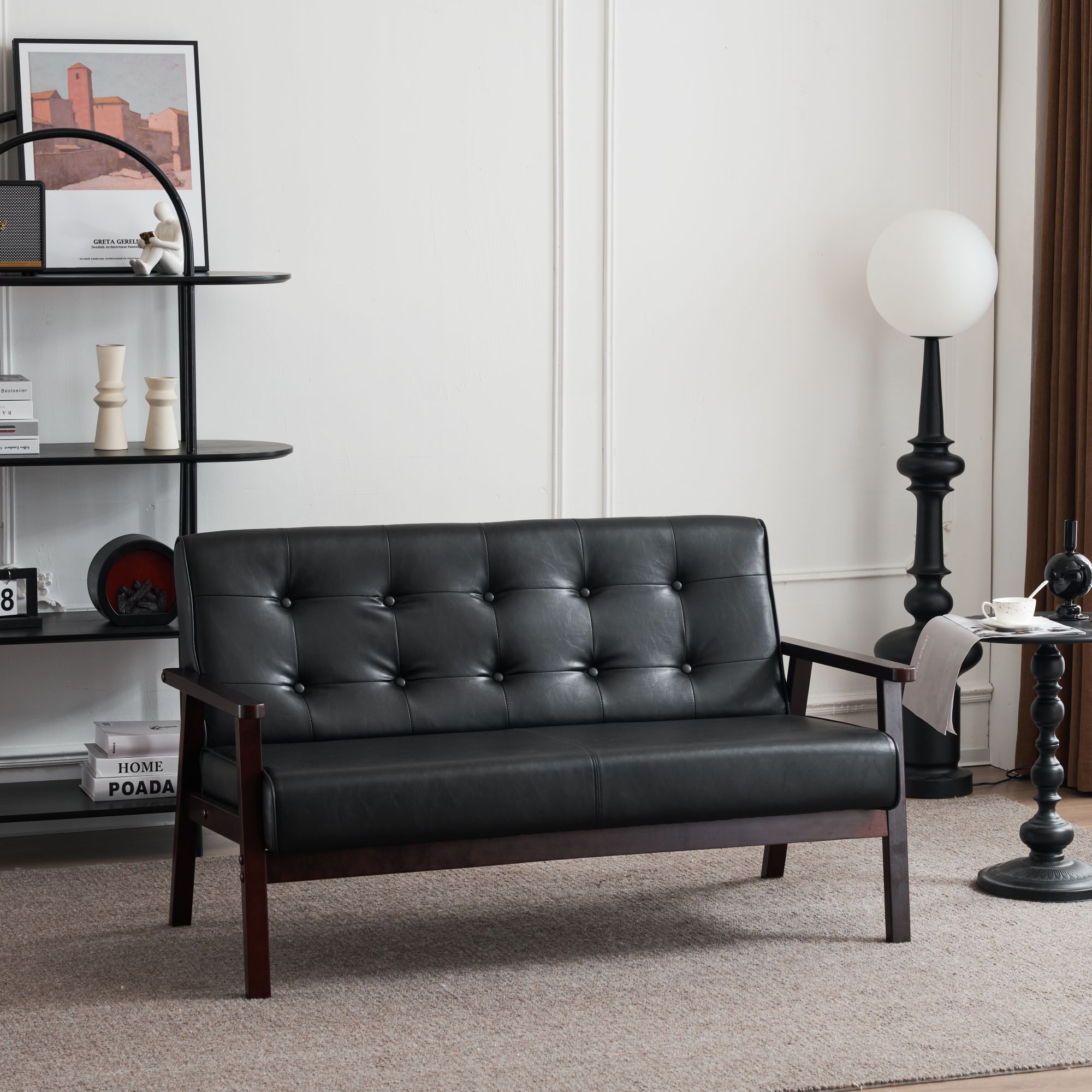 ソファ ソファー 2人掛け 2Pソファ レザー レトロ モダン 天然木 ブラック