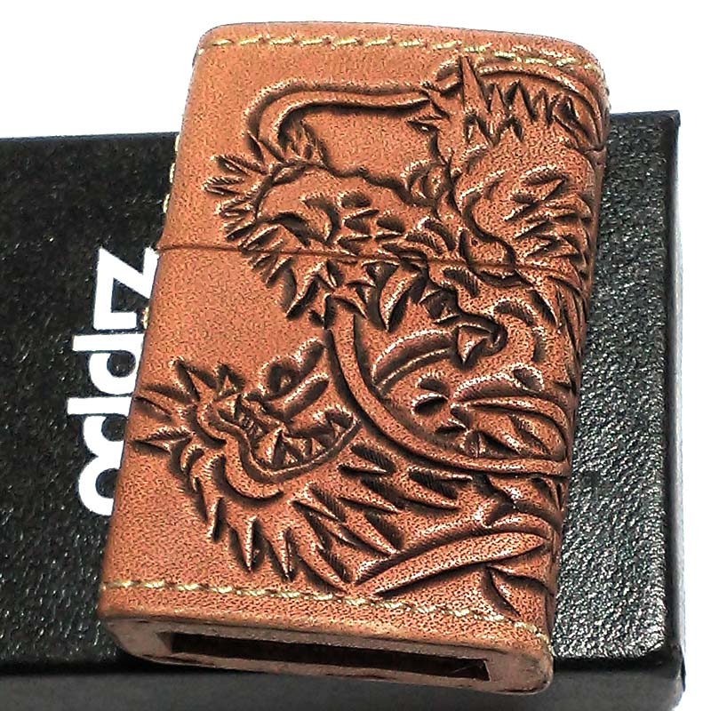 愛用 Leather 手彫り 龍神 カオス ジッポ 本革巻き ライター ZIPPO