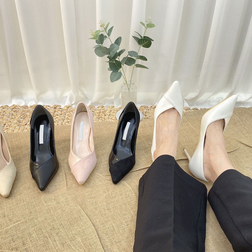 女性らしい雰囲気の 異素材コンビ ポインテッドトゥ 8cmヒール パンプス 5color