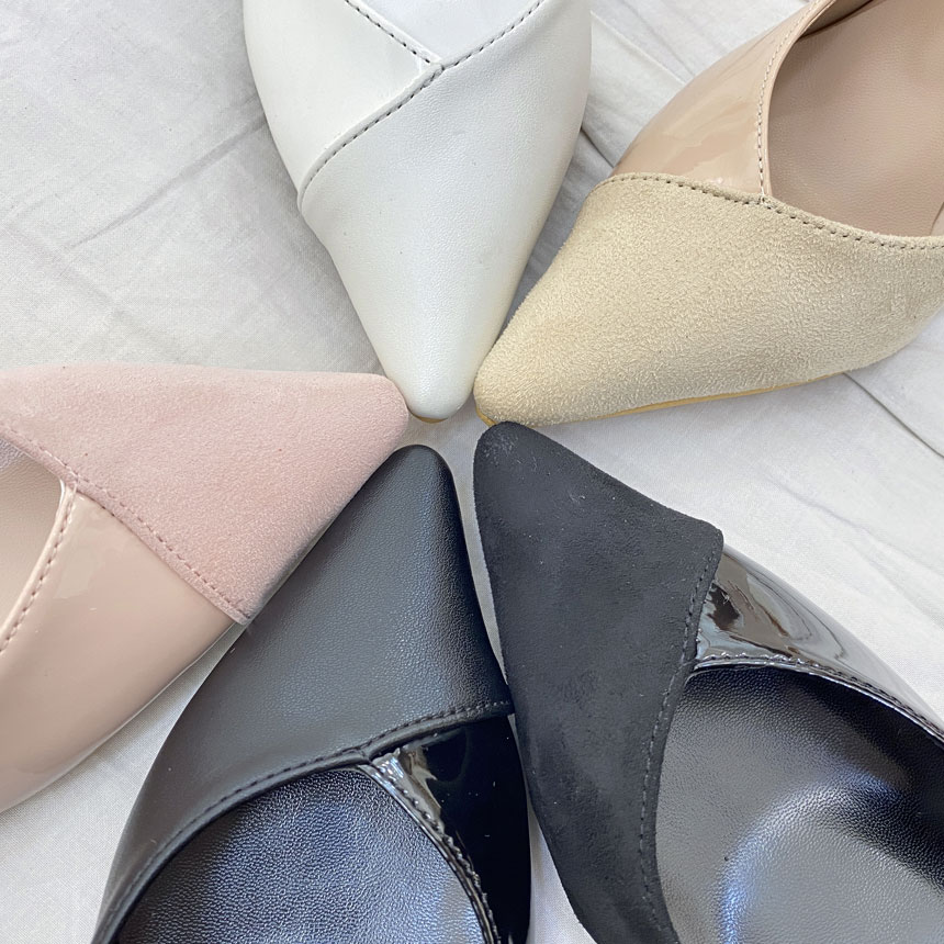 女性らしい雰囲気の 異素材コンビ ポインテッドトゥ 8cmヒール パンプス 5color