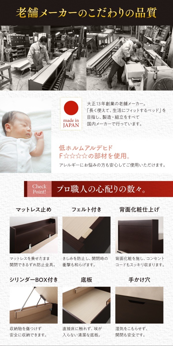 棚/コンセント付き 国産 大型跳ね上げ収納ベッド [Jada]ジェイダ [ベッドフレームのみ/マットレスなし] 縦開き クイーン（SSx2） [フレーム色]ナチュラル
