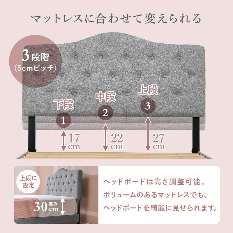 ベッド セミダブル ポケットコイル マットレス付き ファブリックベッド 可愛いボタンとステッチ すのこ床板_8