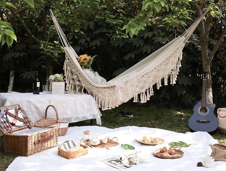 [高品質]スタイル ハンモック 屋外 スイング ピクニック用品 屋内 タッセル キャンプ ピクニック