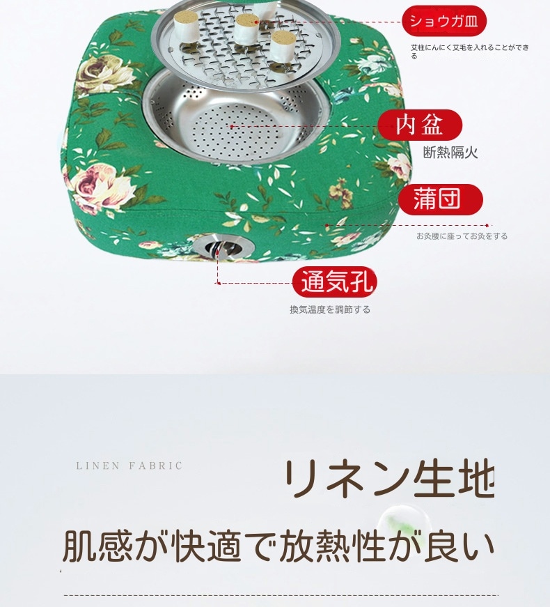 よもぎ蒸しパッド冷え性/生理痛緩和よもぎ蒸しバッドヨモギ蒸しパット冷え対策家庭用温灸器お灸隔姜炙隔蒜炙四角形座布団カバー灸蒲団椅子よもぎ温座パット肩こり腰バック尻足フット全身ケアギフトプレゼント
